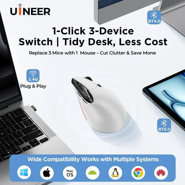 Alt view image 4 of 7 - Ergonomic Wireless Vertical Mouse, Tri-Mode Bluetooth 5.0/4.0 and 2.4G USB, Rechargeable Silent Computer Mouse for Laptop, MacBook, iPad and PC, 4 DPI Levels, LED Light, 3-Device Switching