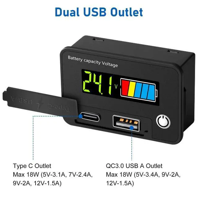Alt view image 2 of 7 - Battery Voltage Meter, DC 12V Voltmeter with Battery Monitor Capacity Tester USB Outlet, Digital Display Voltage Gauge Replacement