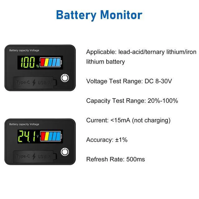 Alt view image 3 of 7 - Battery Voltage Meter, DC 12V Voltmeter with Battery Monitor Capacity Tester USB Outlet, Digital Display Voltage Gauge Replacement