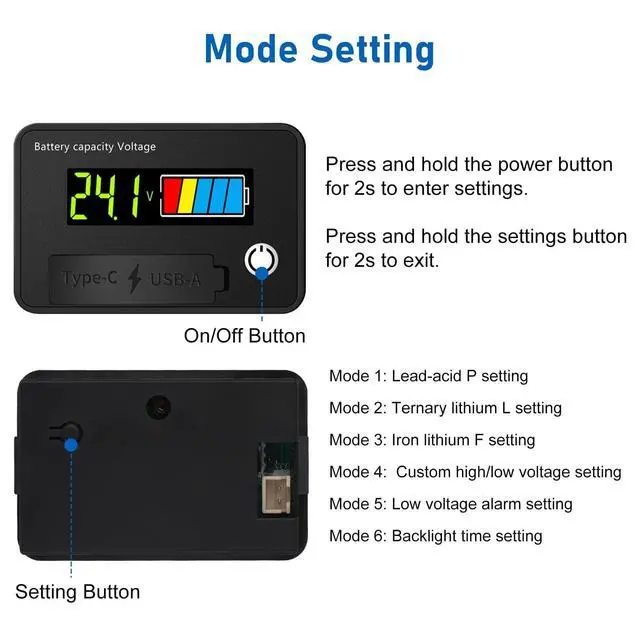 Alt view image 4 of 7 - Battery Voltage Meter, DC 12V Voltmeter with Battery Monitor Capacity Tester USB Outlet, Digital Display Voltage Gauge Replacement
