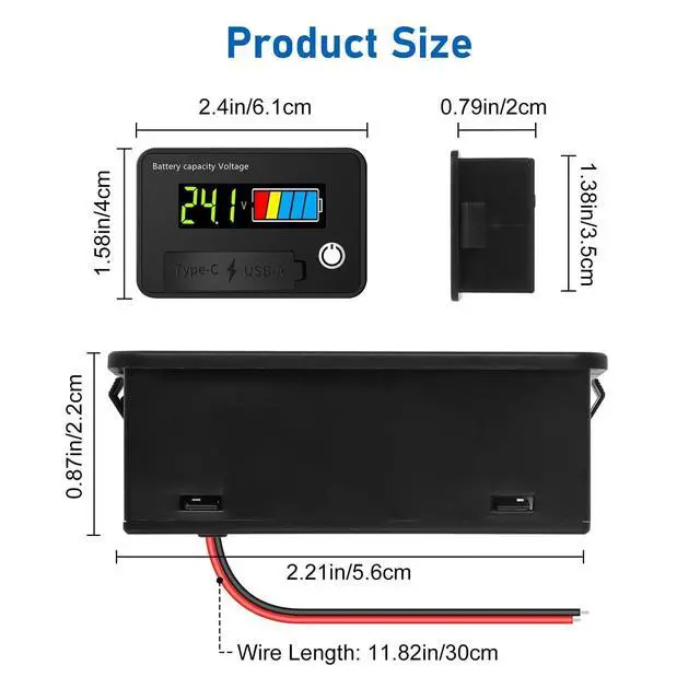 Alt view image 6 of 7 - Battery Voltage Meter, DC 12V Voltmeter with Battery Monitor Capacity Tester USB Outlet, Digital Display Voltage Gauge Replacement