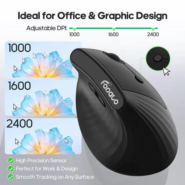 Alt view image 3 of 7 - Ergonomic Vertical Mouse,Wireless Bluetooth 5.0 and 2.4G Mouse,Silent Click, 60% Reduced Wrist Pressure,3 Adjustable DPI for PC,Mac,Laptop,Computer,Home,Office Use (Black)