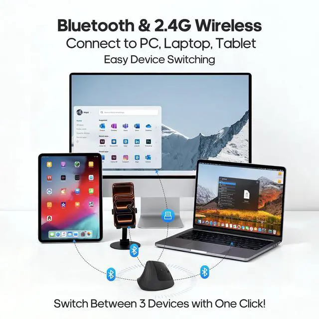 Alt view image 4 of 7 - Ergonomic Vertical Mouse,Wireless Bluetooth 5.0 and 2.4G Mouse,Silent Click, 60% Reduced Wrist Pressure,3 Adjustable DPI for PC,Mac,Laptop,Computer,Home,Office Use (Black)