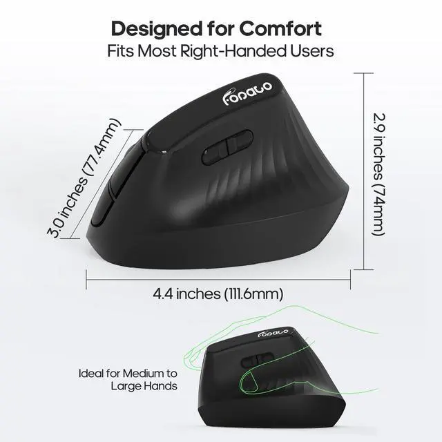 Alt view image 6 of 7 - Ergonomic Vertical Mouse,Wireless Bluetooth 5.0 and 2.4G Mouse,Silent Click, 60% Reduced Wrist Pressure,3 Adjustable DPI for PC,Mac,Laptop,Computer,Home,Office Use (Black)