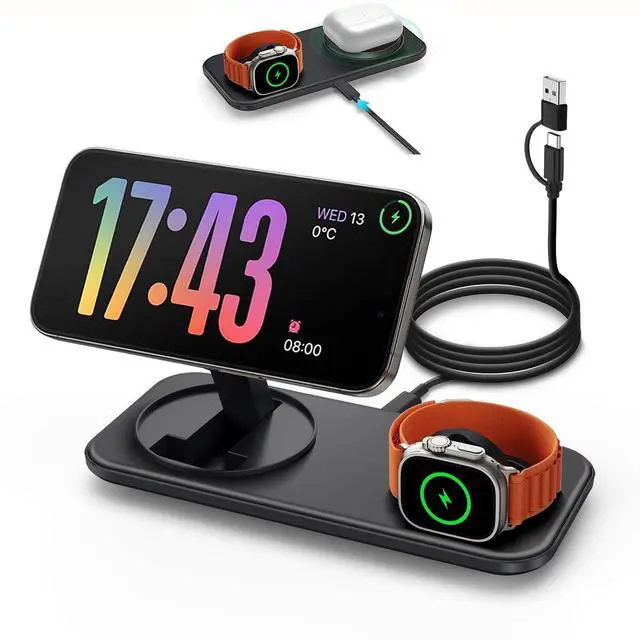 Main image of Magnetic Wireless Charging Station for Apple,2 in 1 Foldable Compatible with Magsafe for iPhone 16/15/14/13/12 Series,Inductive Charge pad for Apple Watch 10/9/8/7/Ultra/SE,for AirPods (Black)