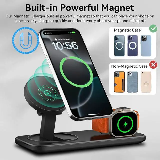 Alt view image 2 of 7 - Magnetic Wireless Charging Station for Apple,2 in 1 Foldable Compatible with Magsafe for iPhone 16/15/14/13/12 Series,Inductive Charge pad for Apple Watch 10/9/8/7/Ultra/SE,for AirPods (Black)