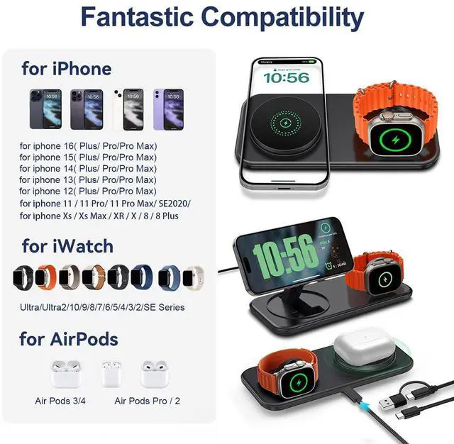 Alt view image 4 of 7 - Magnetic Wireless Charging Station for Apple,2 in 1 Foldable Compatible with Magsafe for iPhone 16/15/14/13/12 Series,Inductive Charge pad for Apple Watch 10/9/8/7/Ultra/SE,for AirPods (Black)