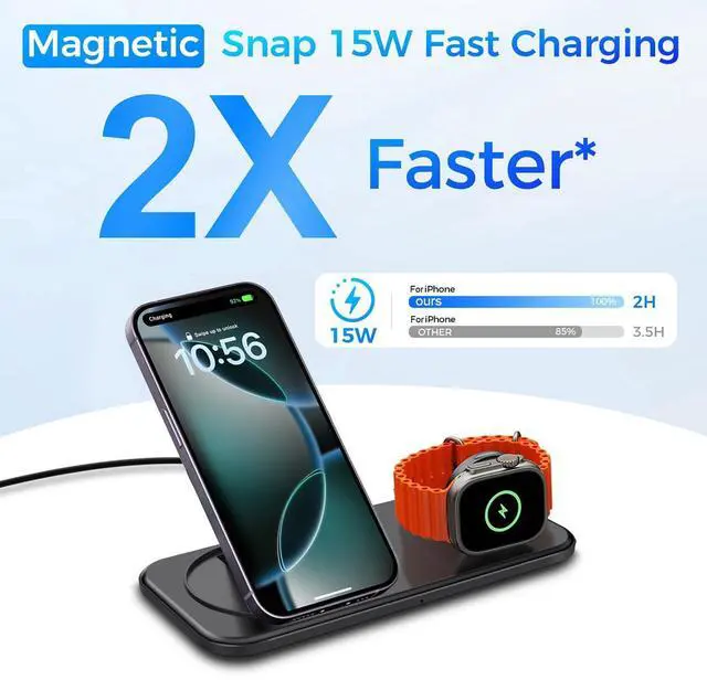 Alt view image 7 of 7 - Magnetic Wireless Charging Station for Apple,2 in 1 Foldable Compatible with Magsafe for iPhone 16/15/14/13/12 Series,Inductive Charge pad for Apple Watch 10/9/8/7/Ultra/SE,for AirPods (Black)