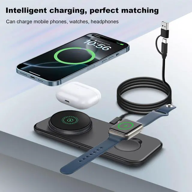 Alt view image 5 of 7 - Magnetic Wireless Charging Station for Apple,2 in 1 Foldable Compatible with Magsafe for iPhone 16/15/14/13/12 Series,Inductive Charge pad for Apple Watch 10/9/8/7/Ultra/SE,for AirPods (Black)