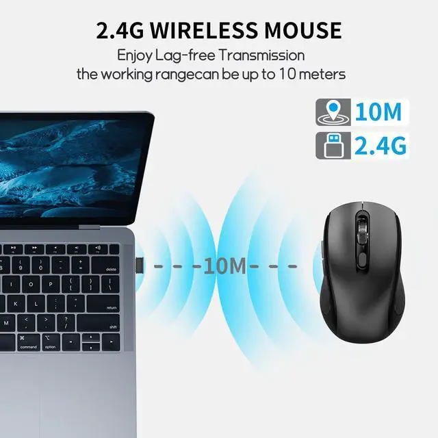 Alt view image 2 of 7 - Wireless Mouse with Side Buttons for Laptop, PC, Chromebook, Mac, MacBook, Silent Mouse with USB Nano Receiver, 1000/1600/2400 DPI, Anti Slip Roller, 6-Button Ergonomic design No Light Design- Black