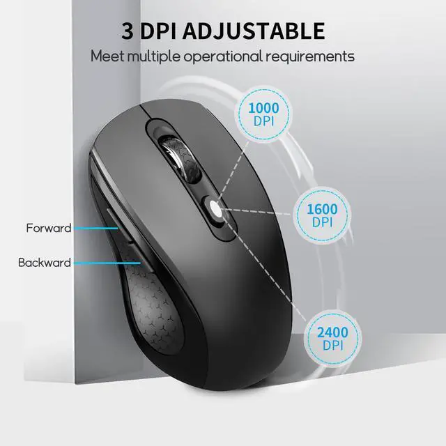 Alt view image 4 of 7 - Wireless Mouse with Side Buttons for Laptop, PC, Chromebook, Mac, MacBook, Silent Mouse with USB Nano Receiver, 1000/1600/2400 DPI, Anti Slip Roller, 6-Button Ergonomic design No Light Design- Black
