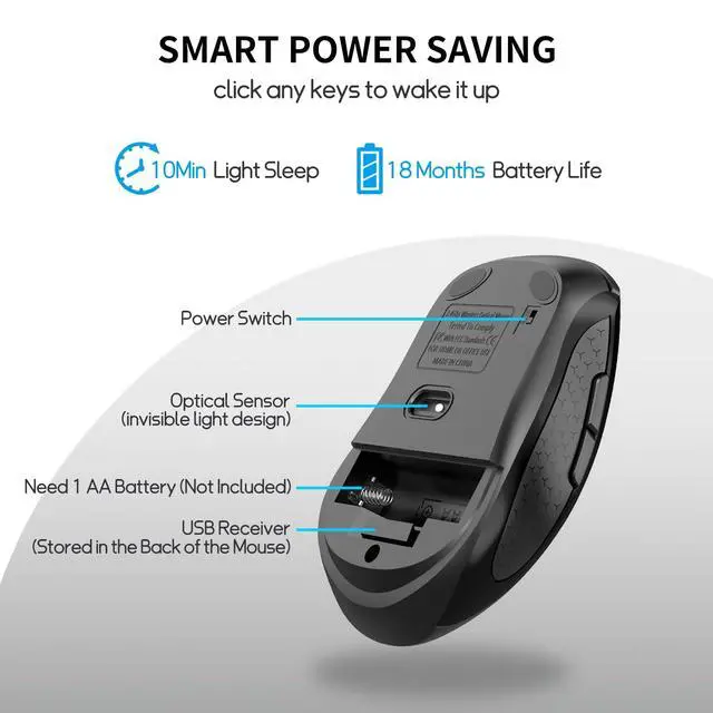 Alt view image 7 of 7 - Wireless Mouse with Side Buttons for Laptop, PC, Chromebook, Mac, MacBook, Silent Mouse with USB Nano Receiver, 1000/1600/2400 DPI, Anti Slip Roller, 6-Button Ergonomic design No Light Design- Black