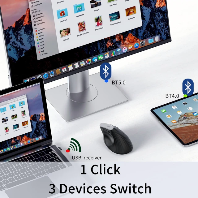 Alt view image 3 of 7 - Vertical Ergonomic Mouse, Tri-Mode Wireless, 12-Month Battery Life | Wireless Bluetooth 5.0/4.0 and 2.4GHz USB Receiver, 4 Adjustable DPI, Office Cordless Mouse for iPad, Laptop, Mac, PC