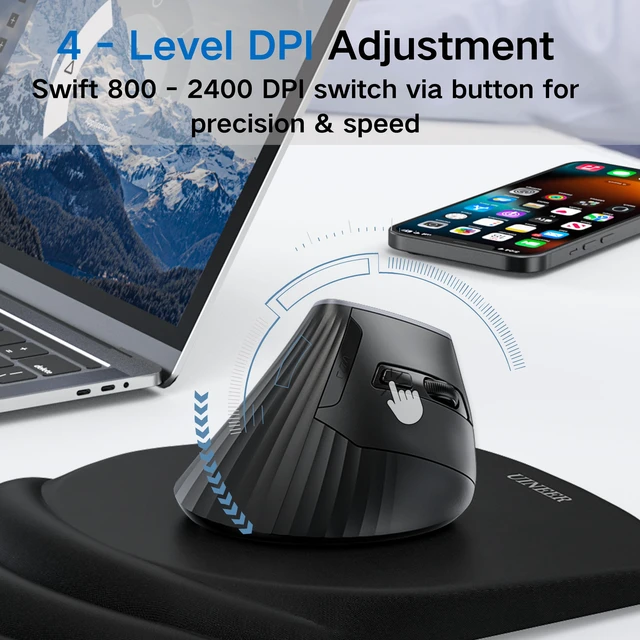 Alt view image 4 of 7 - Vertical Ergonomic Mouse, Tri-Mode Wireless, 12-Month Battery Life | Wireless Bluetooth 5.0/4.0 and 2.4GHz USB Receiver, 4 Adjustable DPI, Office Cordless Mouse for iPad, Laptop, Mac, PC