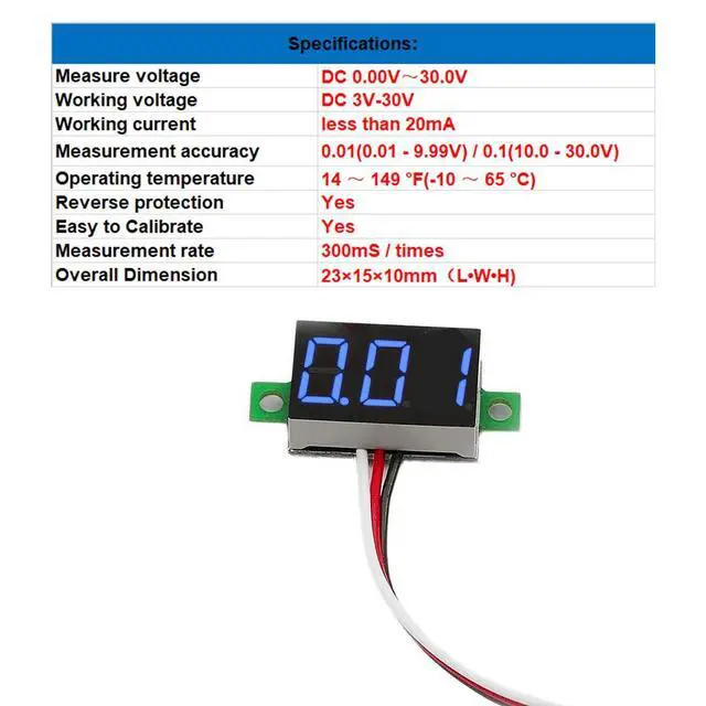 Alt view image 3 of 7 - Pack of 5 Three-Wire Calibratable DC 0~30V Blue Digital Mini Voltmeter Gauge Tester Mount Car Motorcycle Battery Monitor Volt Voltage Meter 0.36" Blue LED Display Panel