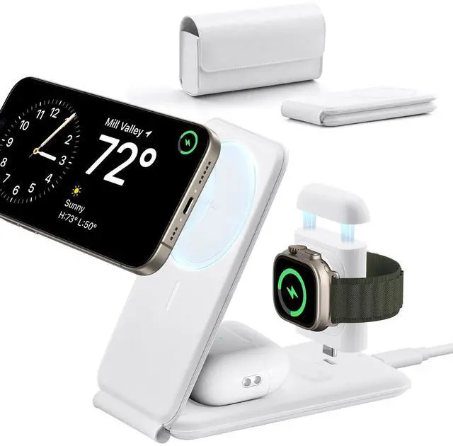 Main image of for 3 in 1 Magsafe Charger, Travel Charger Stand Made for Apple Watch Certified, Foldable Charging Station Compatible with Magsafe and iPhone 17e/17/16/15/14/13/12, AirPods 4/3/Pro, White