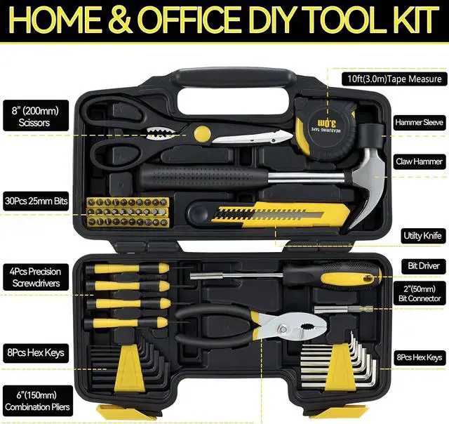Alt view image 2 of 7 - 58-Piece Household Tool Set, Yellow Hand Kit with Storage Case