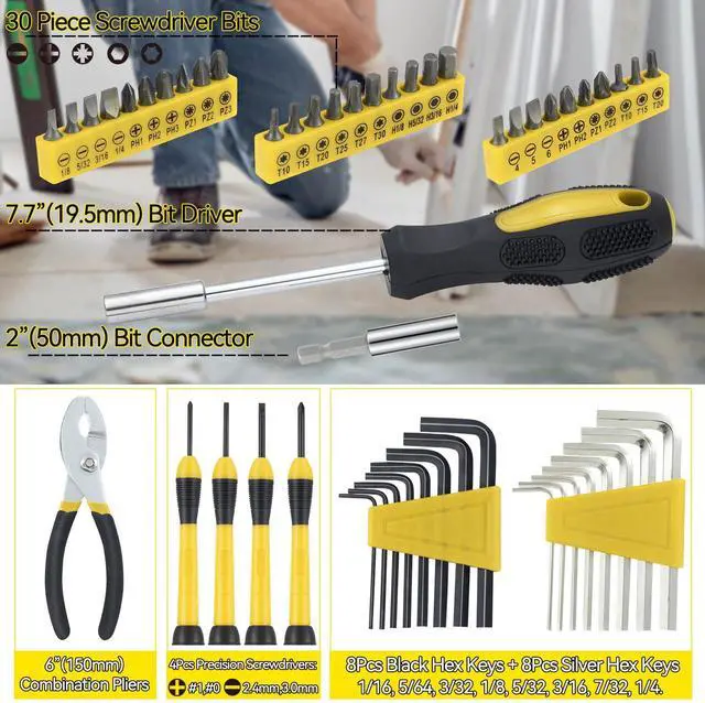 Alt view image 3 of 7 - 58-Piece Household Tool Set, Yellow Hand Kit with Storage Case
