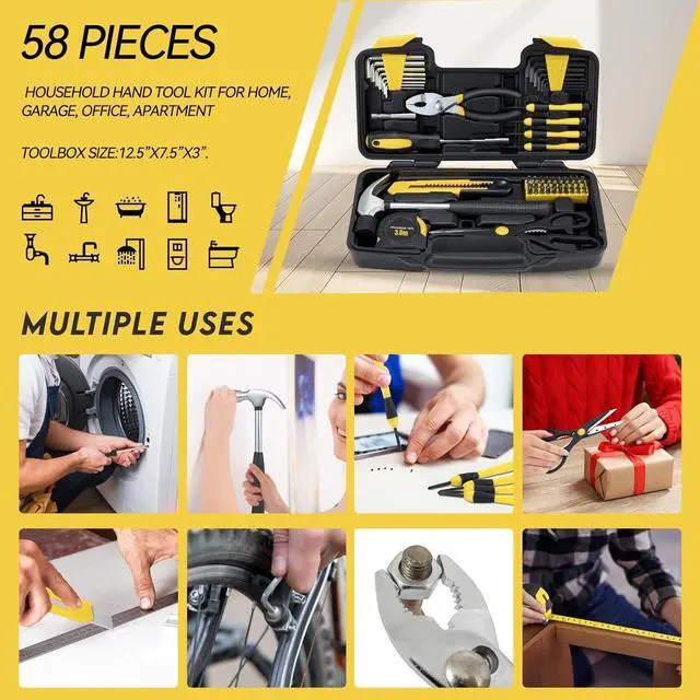 Alt view image 6 of 7 - 58-Piece Household Tool Set, Yellow Hand Kit with Storage Case