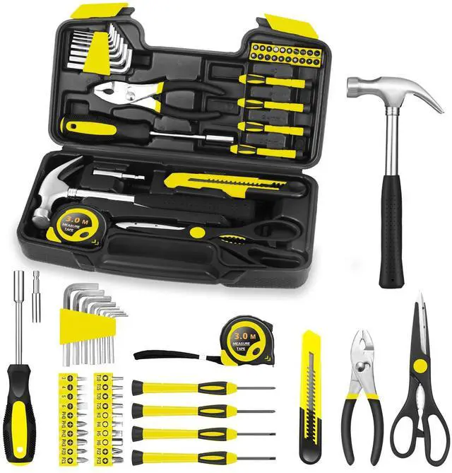 Main image of 39-Piece Household Tools Kit, Yellow Tool Set with Storage Case