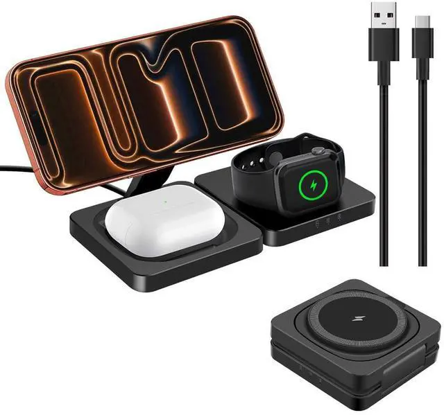 Main image of 3 in 1 Wireless Charger Charging Stand Station Foldable for Mag-Safe Charging, 15W Fast Charge iPhone 17 Pro Max/17 Air/16/15/14 Plus/13/12 Mini,Air Pods,Apple Watch Series