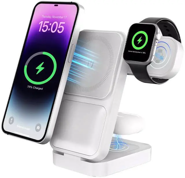 Main image of 3in1 Wireless Charging Station for Apple,15W Fast Qi-Certified Magnetic Mag-Safe Charger Stand for Apple 16 15 14 Apple Watch AirPods,Foldable Adjustable Angle and Portable,Gifts for Men S1White