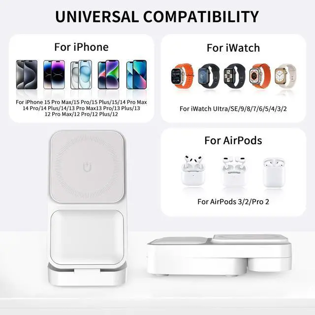 Alt view image 2 of 7 - 3in1 Wireless Charging Station for Apple,15W Fast Qi-Certified Magnetic Mag-Safe Charger Stand for Apple 16 15 14 Apple Watch AirPods,Foldable Adjustable Angle and Portable,Gifts for Men S1White