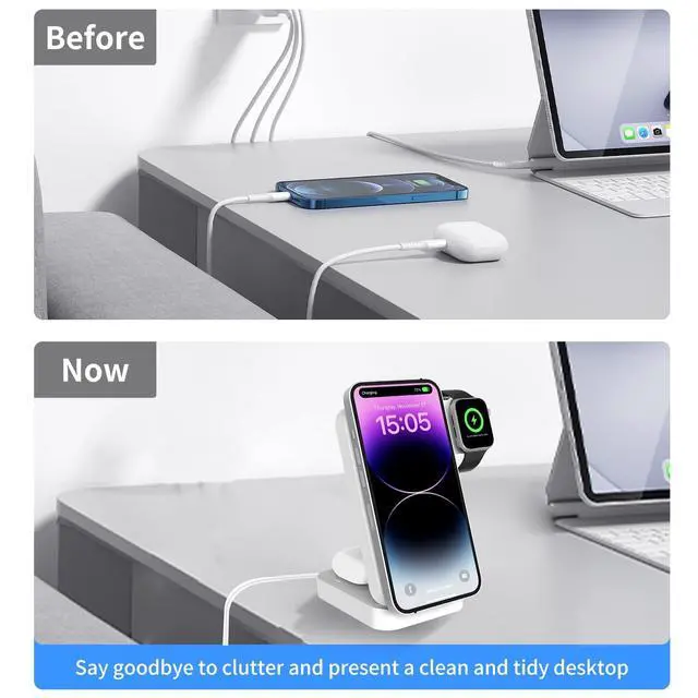 Alt view image 5 of 7 - 3in1 Wireless Charging Station for Apple,15W Fast Qi-Certified Magnetic Mag-Safe Charger Stand for Apple 16 15 14 Apple Watch AirPods,Foldable Adjustable Angle and Portable,Gifts for Men S1White
