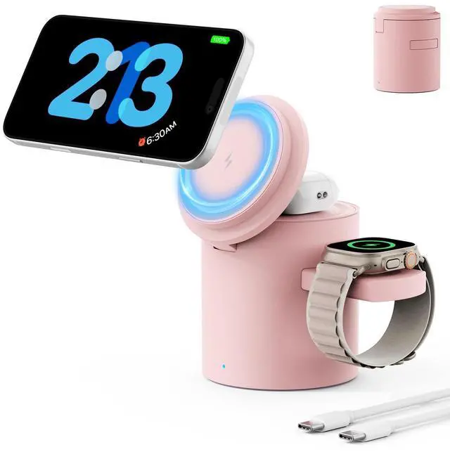 Main image of Foldable 3in1 Magnetic Wireless Charger,15W Silent Travel Ready, for iPhone17-12, Fast Charging Station for Apple Watch AirPods, Portable MagSafe Charger with Stand Mode for Travel & Desk