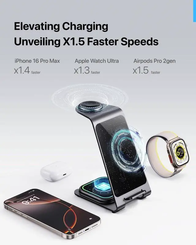 Alt view image 7 of 7 - Aluminum 3 in 1 Wireless Charging Station for iPhone 17 16 15 14 13 12 11 Pro Max XR, Wireless Charger for Apple Watch 11 10 9 8 7 Ultra SE 3 2, Phone Charger for AirPods 4 Pro 2 3 (Grey)