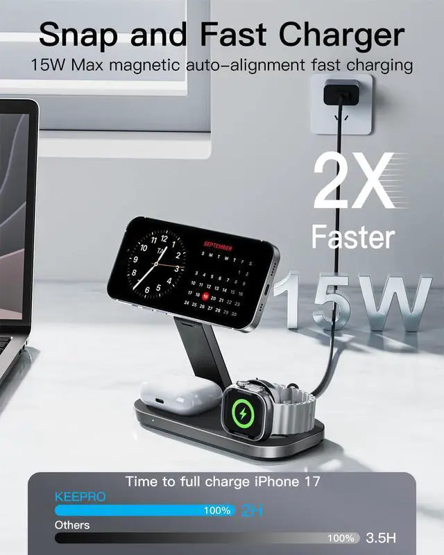 Alt view image 2 of 7 - 3-in-1 Charging Station for Apple Device, Foldable Magnetic Wireless Fast Charger Stand Compatible with MagSafe for iPhone 17e/17/16/15/14/13/12/Air Series, Apple Watch & AirPods-Black