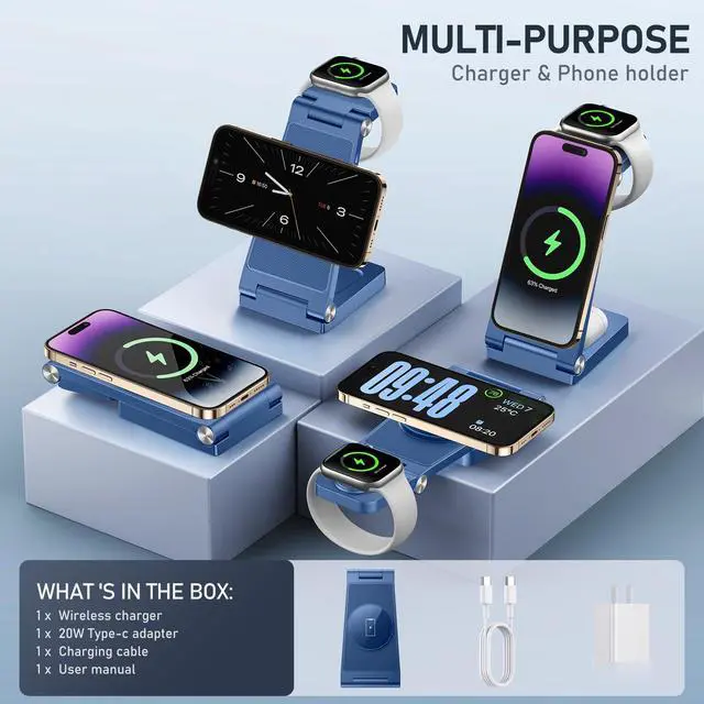 Alt view image 2 of 6 - Magnetic Wireless Charger Stand, 3 in 1 Foldable Wireless Charging Station with 20W Adapter, Travel Charger for Multiple Devices for iPhone 17 16 15 14 13 12 Pro/Max/Plus/Mini, iWatch, AirPods
