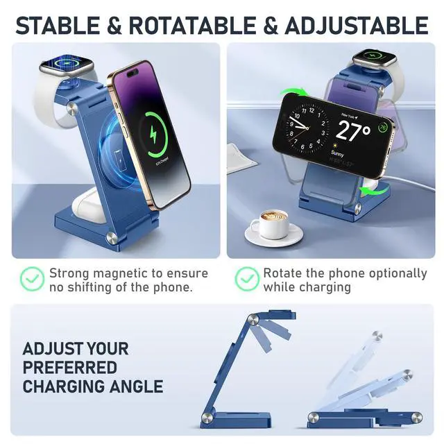 Alt view image 4 of 6 - Magnetic Wireless Charger Stand, 3 in 1 Foldable Wireless Charging Station with 20W Adapter, Travel Charger for Multiple Devices for iPhone 17 16 15 14 13 12 Pro/Max/Plus/Mini, iWatch, AirPods