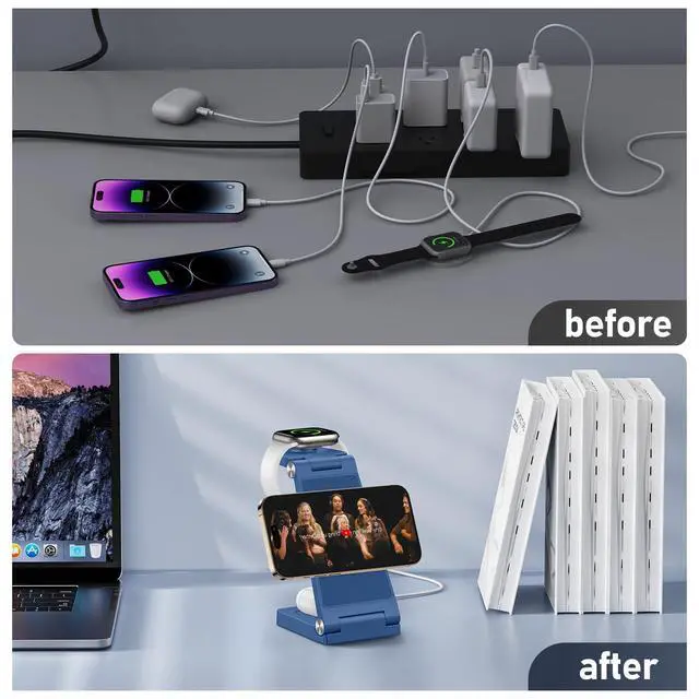 Alt view image 6 of 6 - Magnetic Wireless Charger Stand, 3 in 1 Foldable Wireless Charging Station with 20W Adapter, Travel Charger for Multiple Devices for iPhone 17 16 15 14 13 12 Pro/Max/Plus/Mini, iWatch, AirPods