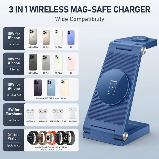 Alt view image 5 of 6 - Magnetic Wireless Charger Stand, 3 in 1 Foldable Wireless Charging Station with 20W Adapter, Travel Charger for Multiple Devices for iPhone 17 16 15 14 13 12 Pro/Max/Plus/Mini, iWatch, AirPods