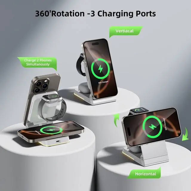 Alt view image 2 of 7 - Aluminum 3 in 1 Wireless Charging Station,Foldable Wireless Charger for Apple Magsafe with Light,Portable Travel Magnetic Charger Stand for iPhone 17/16/15/14,Watch,Airpod,with PD 20W Adapter & Case