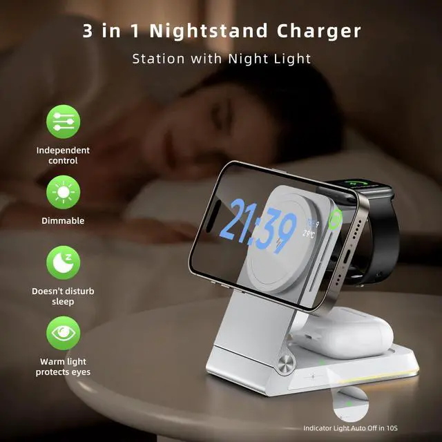 Alt view image 3 of 7 - Aluminum 3 in 1 Wireless Charging Station,Foldable Wireless Charger for Apple Magsafe with Light,Portable Travel Magnetic Charger Stand for iPhone 17/16/15/14,Watch,Airpod,with PD 20W Adapter & Case