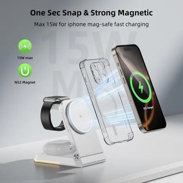 Alt view image 5 of 7 - Aluminum 3 in 1 Wireless Charging Station,Foldable Wireless Charger for Apple Magsafe with Light,Portable Travel Magnetic Charger Stand for iPhone 17/16/15/14,Watch,Airpod,with PD 20W Adapter & Case
