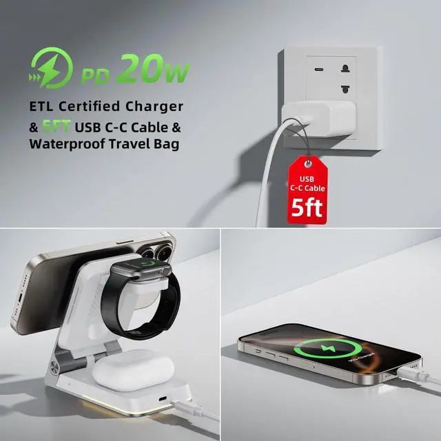 Alt view image 6 of 7 - Aluminum 3 in 1 Wireless Charging Station,Foldable Wireless Charger for Apple Magsafe with Light,Portable Travel Magnetic Charger Stand for iPhone 17/16/15/14,Watch,Airpod,with PD 20W Adapter & Case