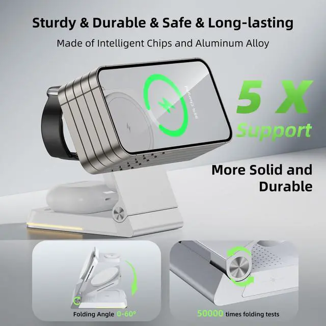 Alt view image 4 of 7 - Aluminum 3 in 1 Wireless Charging Station,Foldable Wireless Charger for Apple Magsafe with Light,Portable Travel Magnetic Charger Stand for iPhone 17/16/15/14,Watch,Airpod,with PD 20W Adapter & Case