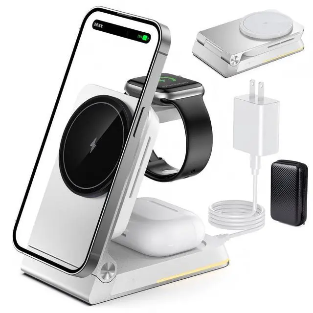 Main image of Aluminum 3 in 1 Wireless Charging Station,Foldable Wireless Charger for Apple Magsafe with Light,Portable Travel Magnetic Charger Stand for iPhone 17/16/15/14,Watch,Airpod,with PD 20W Adapter & Case