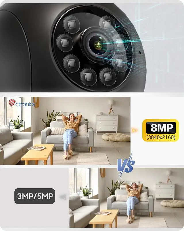 Alt view image 2 of 7 - Ctronics 4K 8MP Indoor Security Camera, Auto Tracking, Dual Band WiFi, 65ft IR Night Vision, AI Person/Vehicle/Pet Detection, PC/App 24/7 Recording, 256GB TF/Cloud, FTP/NVR/NAS, Two-Way Audio, 7104K