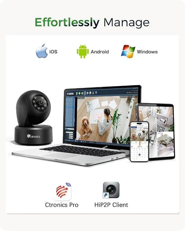 Alt view image 4 of 7 - Ctronics 4K 8MP Indoor Security Camera, Auto Tracking, Dual Band WiFi, 65ft IR Night Vision, AI Person/Vehicle/Pet Detection, PC/App 24/7 Recording, 256GB TF/Cloud, FTP/NVR/NAS, Two-Way Audio, 7104K