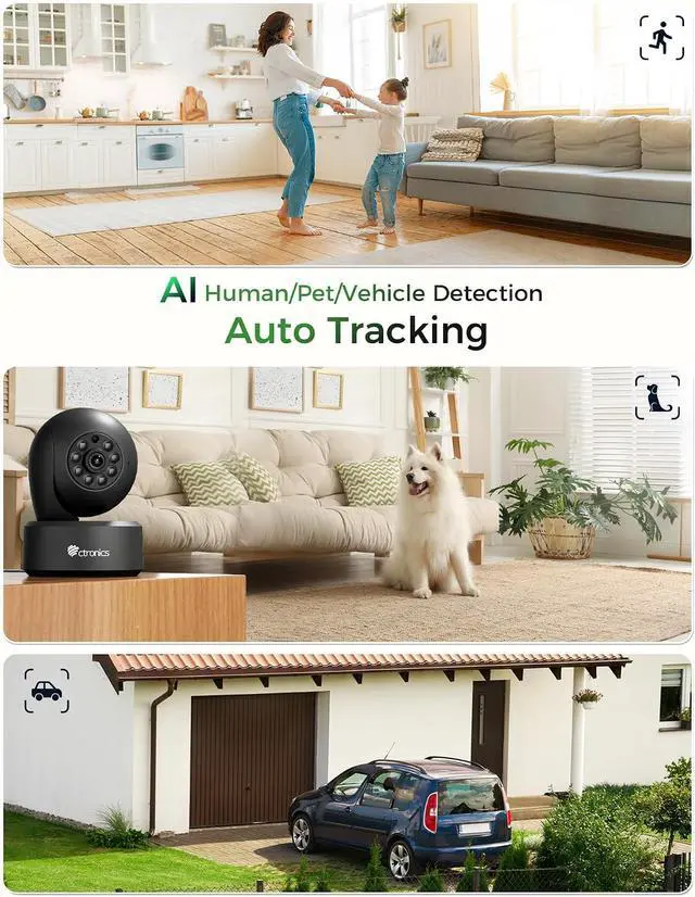 Alt view image 3 of 7 - Ctronics 4K 8MP Indoor Security Camera, Auto Tracking, Dual Band WiFi, 65ft IR Night Vision, AI Person/Vehicle/Pet Detection, PC/App 24/7 Recording, 256GB TF/Cloud, FTP/NVR/NAS, Two-Way Audio, 7104K