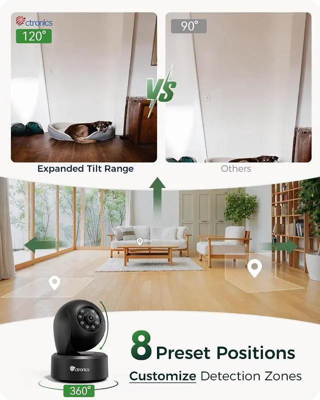 Alt view image 5 of 7 - Ctronics 4K 8MP Indoor Security Camera, Auto Tracking, Dual Band WiFi, 65ft IR Night Vision, AI Person/Vehicle/Pet Detection, PC/App 24/7 Recording, 256GB TF/Cloud, FTP/NVR/NAS, Two-Way Audio, 7104K