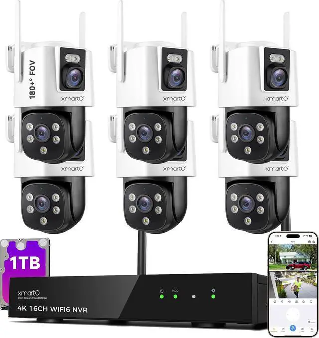 Main image of xmartO [6 Dual-Lens Camera Bundle 12-View Long Range WiFi6 Mesh Security System, 16CH 4K Dual Band NVR, 4MP 180°+Static FOV & 360°PTZ AI Tracking, 24/7 Plug-in Surveillance, 1TB HDD, No Monthly Fee