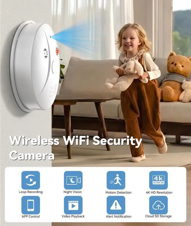Alt view image 2 of 7 - 1080P HD Wireless WiFi Indoor Camera Smoke Detector for Home Security with App Control & Motion Detection,Outdoor Camera with Night Vision & Loop Recording for Office/Garage/Shop,Easy to Use