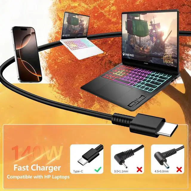 Alt view image 6 of 7 - 140W USB-C Charger Compatible with HP OMEN Transcend 14/ZBook 8 G1i