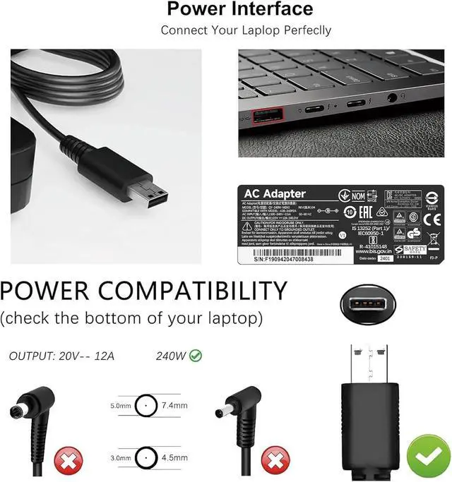 Alt view image 3 of 7 - 240W USB Tip Charger Compatible with MSI Raider GE76 GE66, Vector GP76 GP66, Stealth GS77, Katana 15 17, Creator Pro Z16P Z17, A20-240P2A A240A007P S93-0409410-C54 Laptop Power Adapter Cord