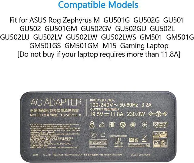 Alt view image 4 of 7 - 230W 19.5V 11.8A AC Laptop Charger Compatible with ASUS Rog Zephyrus M GU501G GU502G GU501 GU502 GU501GM GU502GV GU502GU GU502L GU502LU GU502LV GU502LW GU502LWS GM501 GM501G GM501GS GM501GM